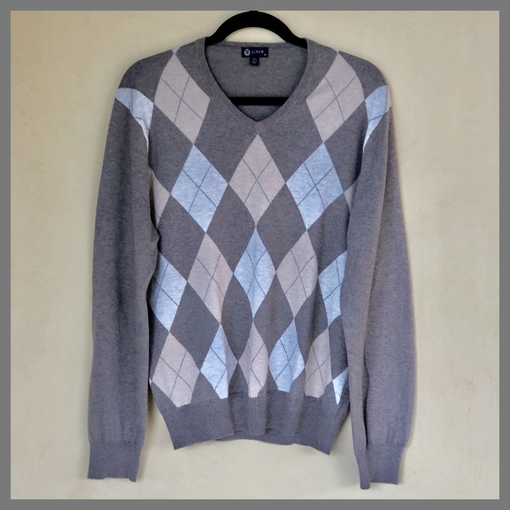 J Crew Argyle Brown Beige Cotton Cashmere Sweater